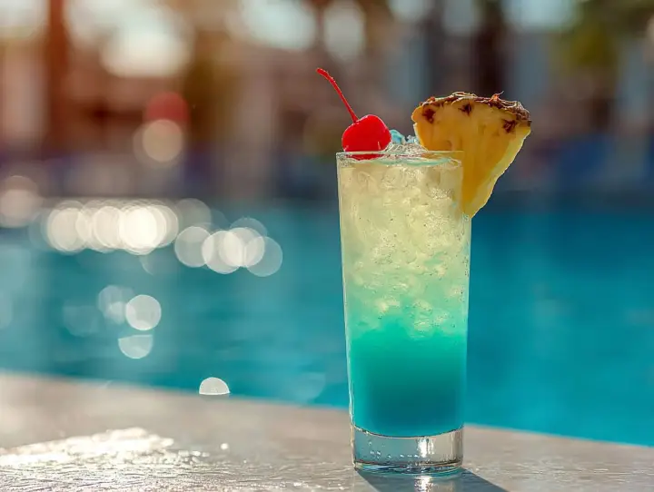 En blå och gul drink med körsbär och ananas står vid en pool. Perfekt för en solig dag.